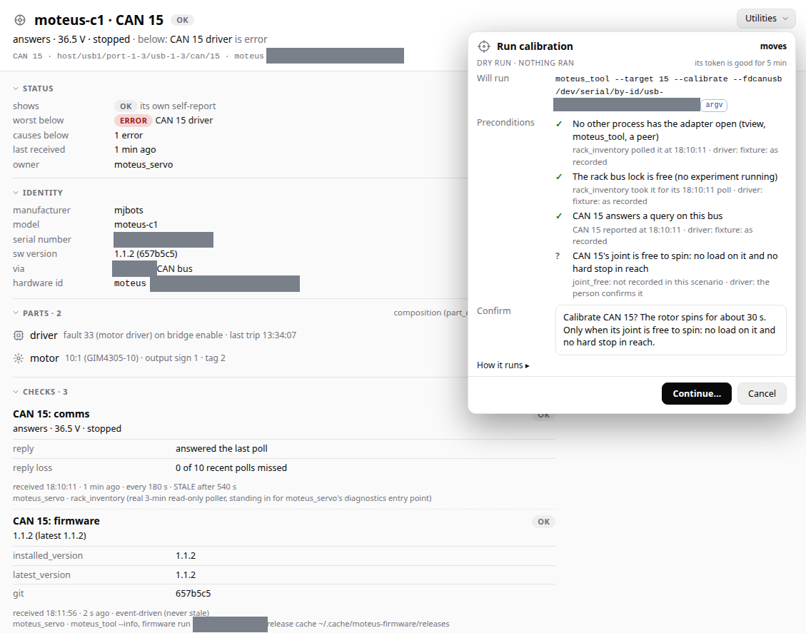 The Run calibration sheet in RobotDx: DRY RUN, NOTHING RAN, the command it would run, four preconditions, and a confirmation question.